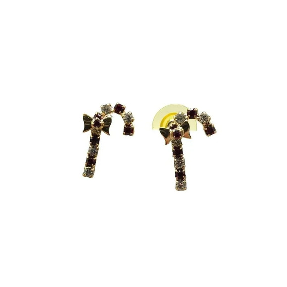 Clear Red Rhinestone Candy Cane Bow Christmas Stud Earrings Gold Tone Vintage - Picture 1 of 4
